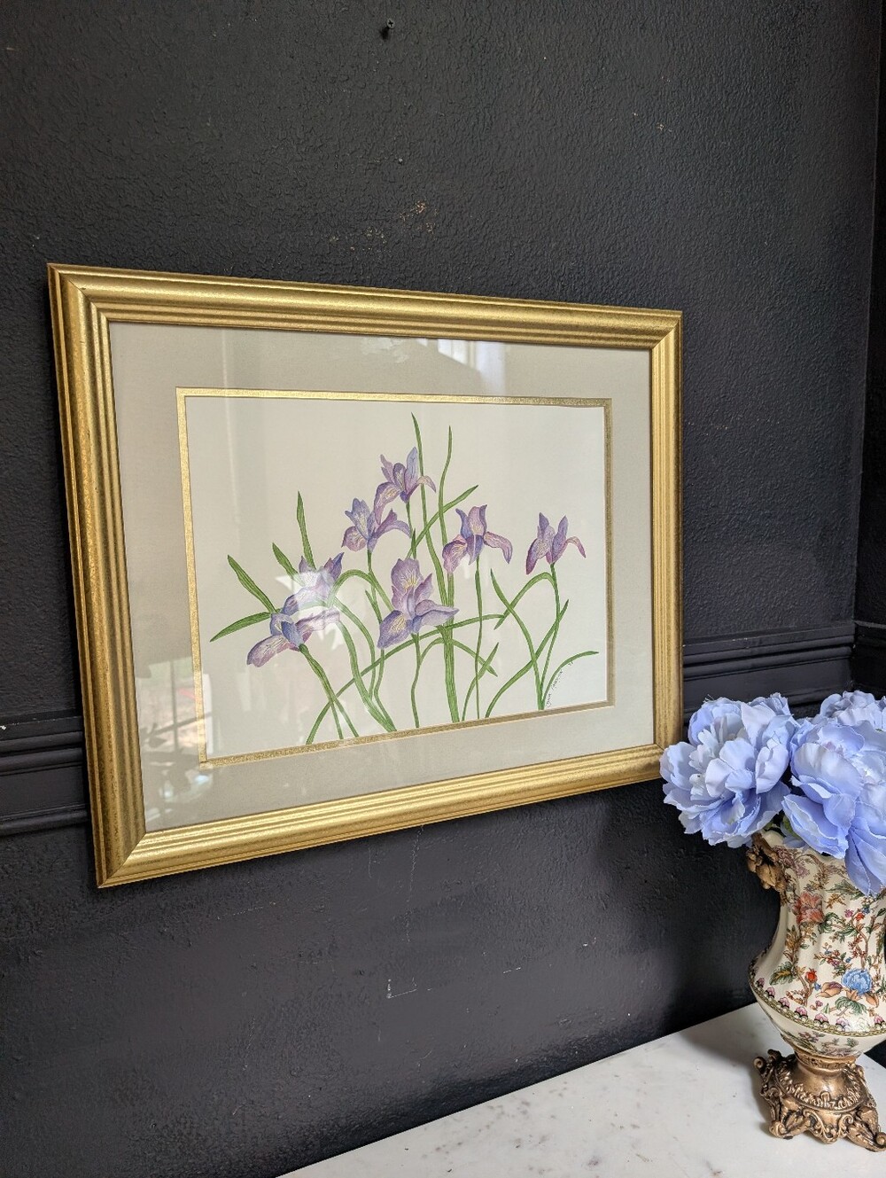 Vintage Signed Linda Anderson watercolor art purple irises in Gold Classic Wood